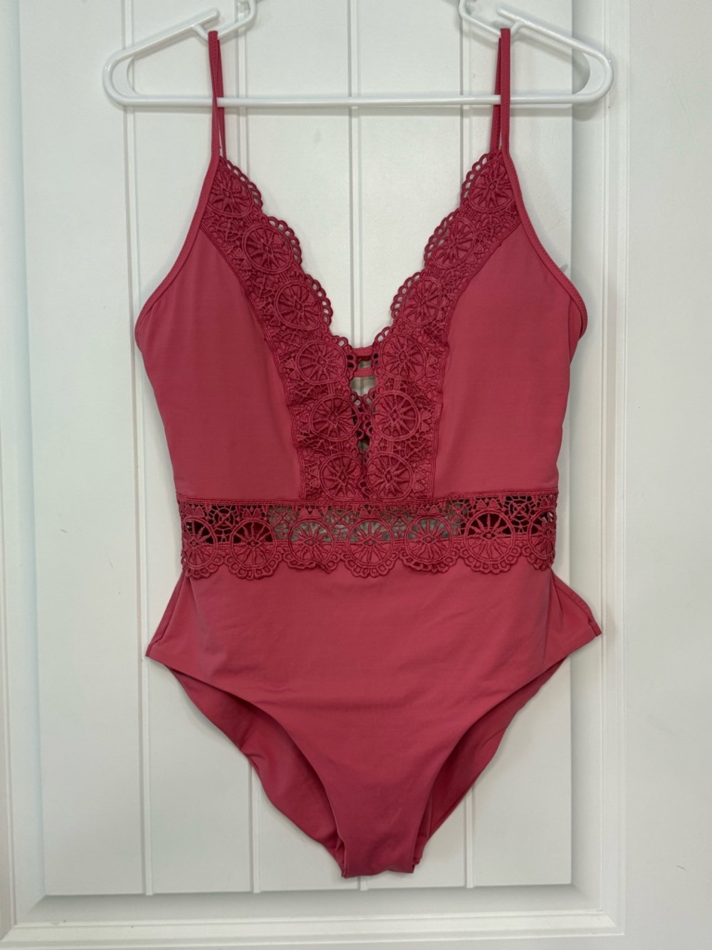 Becca by Rebecca Virtue Muse Lace Trim Deep V One-Piece Swimsuit Rose Pink